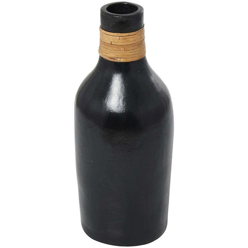 19" Black Ceramic Vase with Wrapped Rattan Detailing