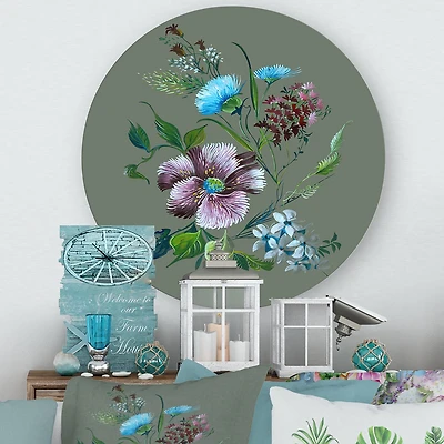 Designart - Purple and Turquoise Spring Flowers - Traditional Metal Circle Wall Art