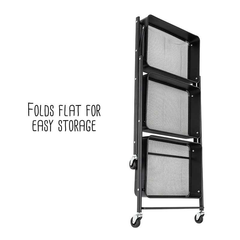 Honey Can Do Black 3-Tier Folding Cart with Wheels