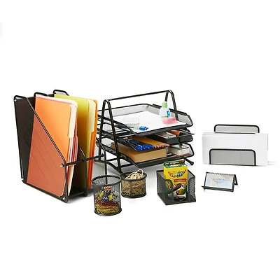 Mind Reader 7 Piece Black Desk Set with Horizontal and Vertical Metal Mesh Organizer