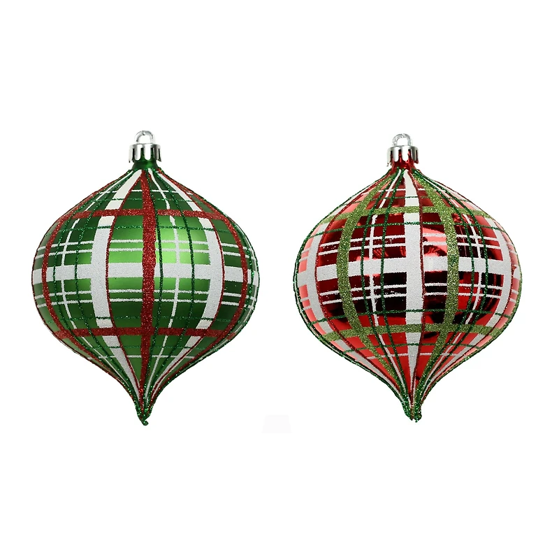 4 Pack 4.7" Red & Green Glitter Plaid Shatterproof Onion Ornaments by Ashland®