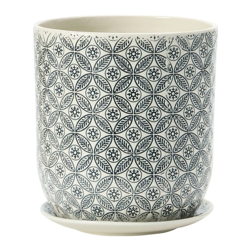 Hello Honey® 7" Black & Cream Hand-Stamped Pattern Stoneware Pot & Saucer Set