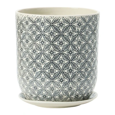 Hello Honey® 7" Black & Cream Hand-Stamped Pattern Stoneware Pot & Saucer Set