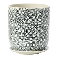 Hello Honey® 7" Black & Cream Hand-Stamped Pattern Stoneware Pot & Saucer Set