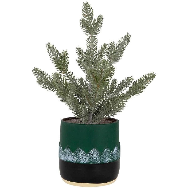 14.75" Unlit Lightly Frosted Mini Christmas Tree in Green Nutcracker Ceramic Pot