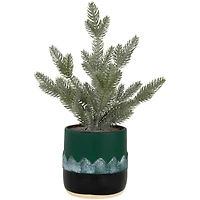14.75" Unlit Lightly Frosted Mini Christmas Tree in Green Nutcracker Ceramic Pot