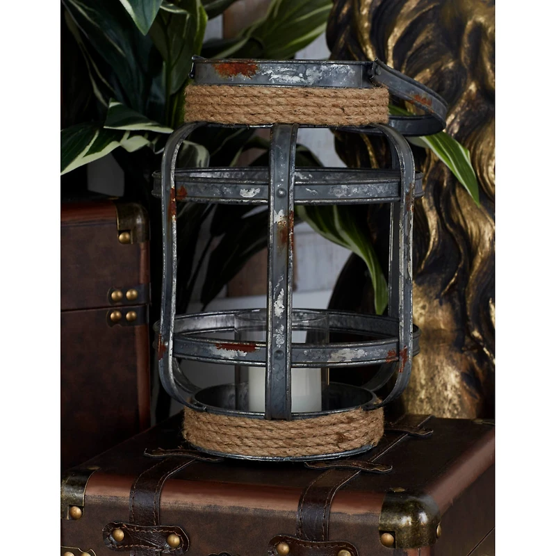 12" Gray Iron Industrial Candle Holder Lantern