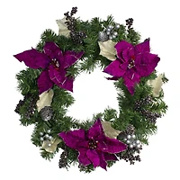 24" Two-Tone Pine with Purple Poinsettias & Berries Wreath
