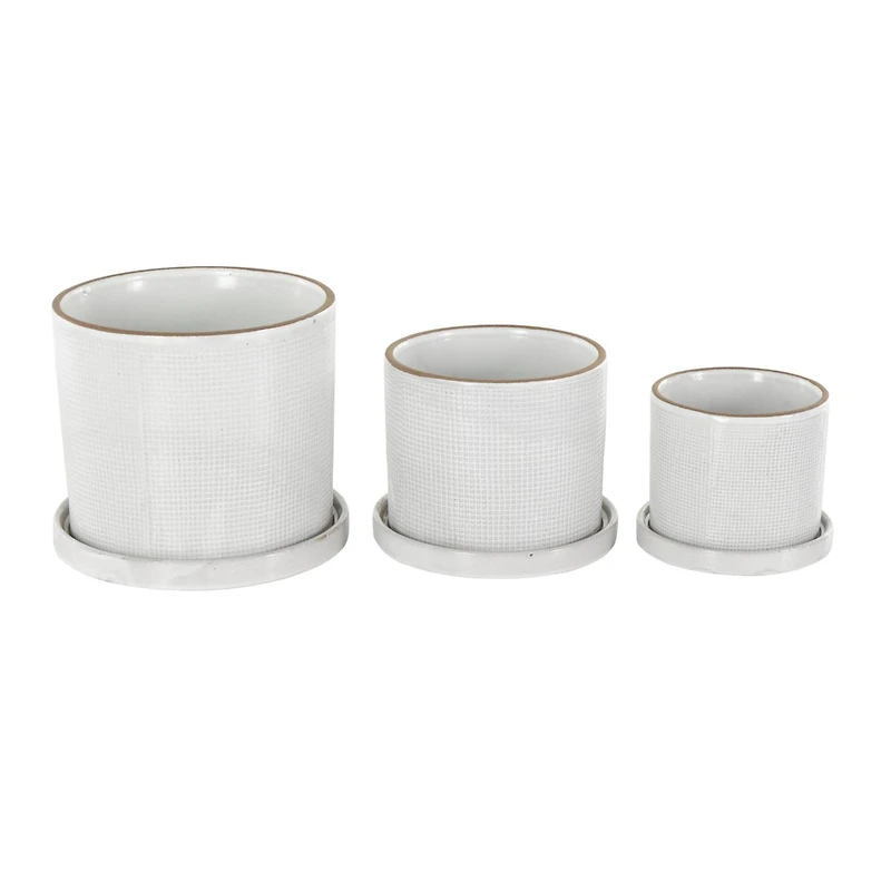 White Geometric Grid Patterned Ceramic Planter Set
