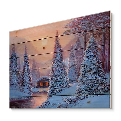 Designart - Winter Landscape & The River House In The Woods I
