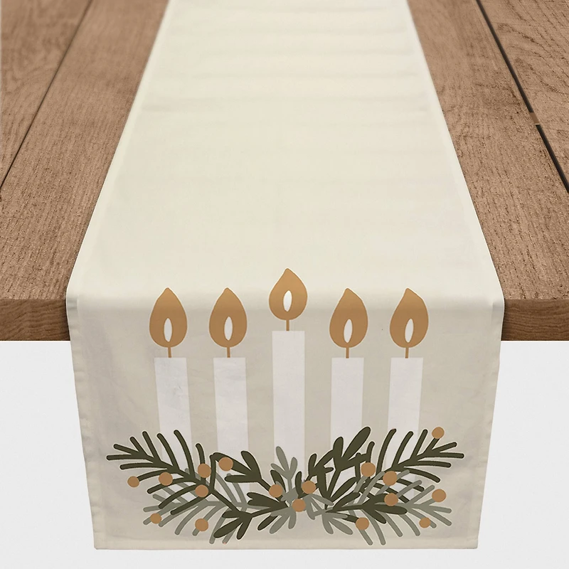 Candles With Greenery 16x72 Poly Twill Table Runner