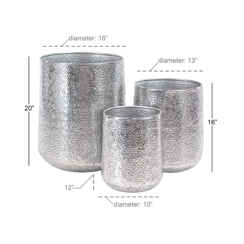 Set of 3 Silver Aluminum Glam Planter, 12", 16", 20"