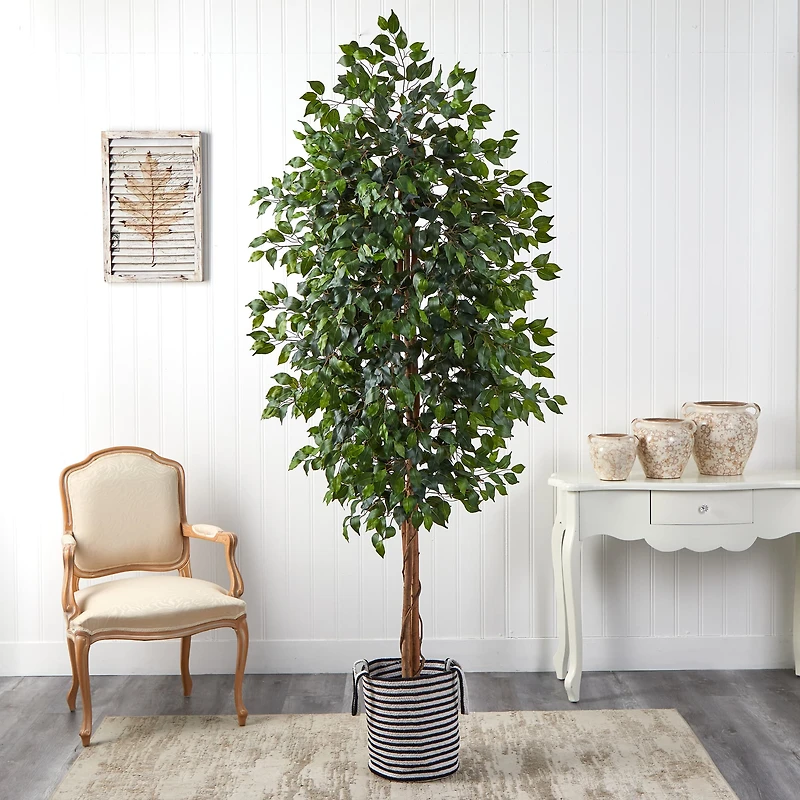8ft. Ficus Artificial Tree in Handmade Black and White Natural Jute and Cotton Planter