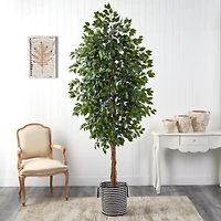 8ft. Ficus Artificial Tree in Handmade Black and White Natural Jute and Cotton Planter