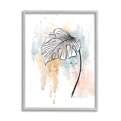 Stupell Industries Monstera Plant Stem Blue Brown Splatter Watercolor in Gray Frame Wall Art