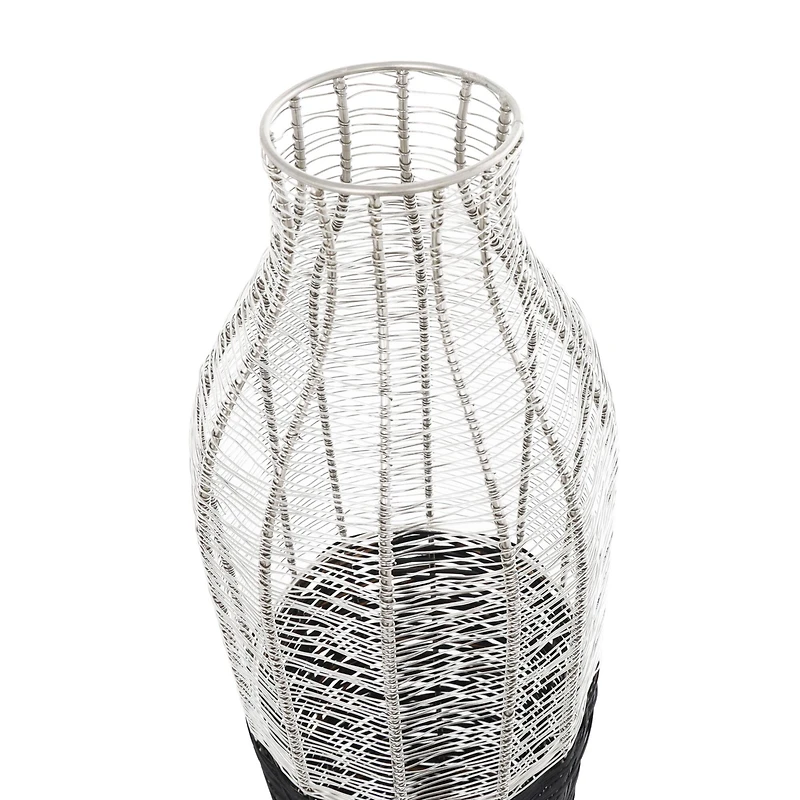 24" Silver Metal Vase with Woven Black Rattan Base