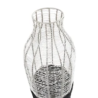 24" Silver Metal Vase with Woven Black Rattan Base