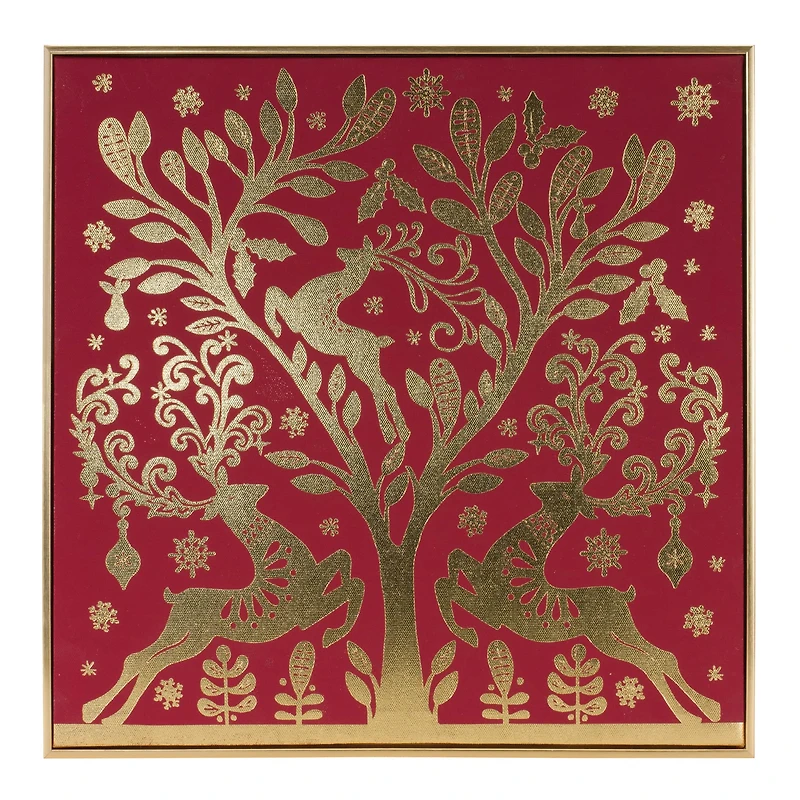Red & Gold Framed Holiday Deer Print Décor