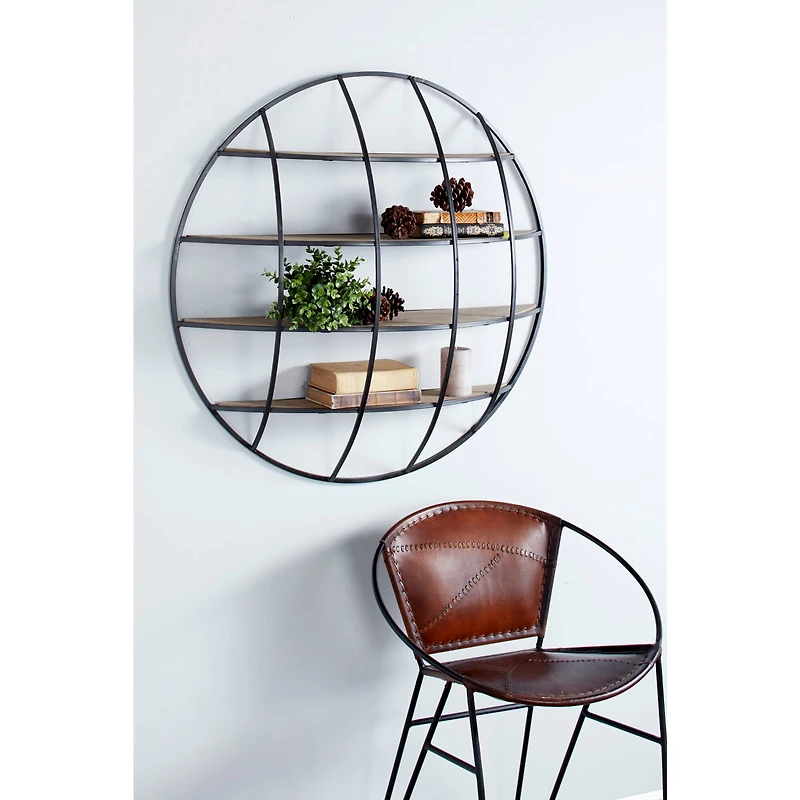 36" Light Brown Iron Round Wall Shelf Unit 