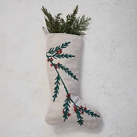 Hello Honey® 20" Natural White, Green & Red Woven Cotton & Jute Stocking with Embroidered Holly & Berries