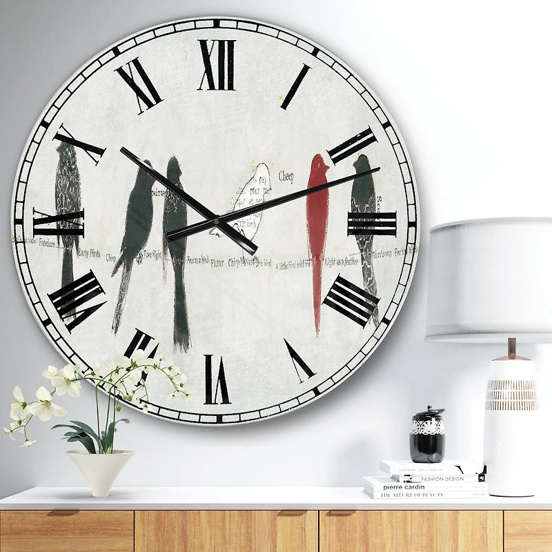 Designart 'Red Catching Up Bird Family Traditional Wall Clock