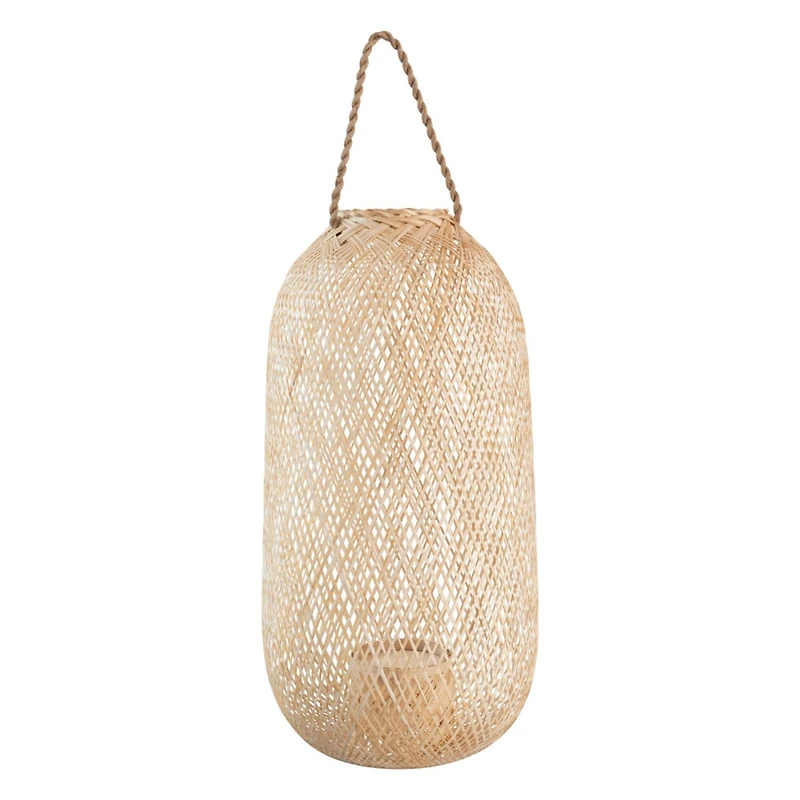 Hello Honey® 23.5" Natural Hand-Woven Bamboo Lantern with Jute Handle & Glass Insert