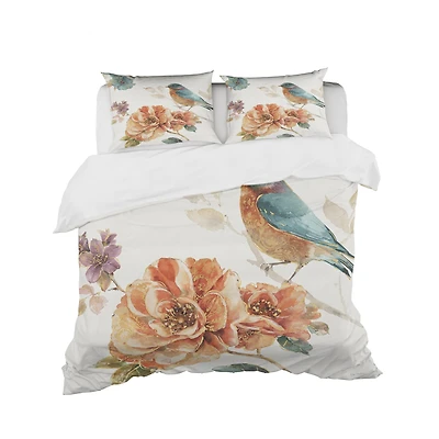 Designart 'Cottage Bird on Orange Flower Twig' Cottage Bedding Set