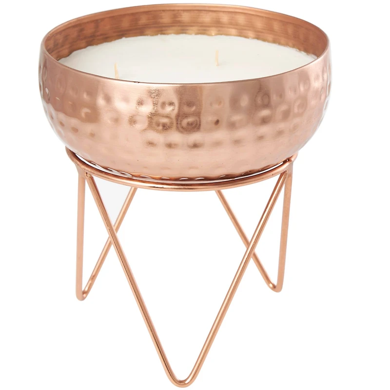 White Wax Vanilla Marshmallow Scented Candle with Hammered Copper Container and Tripod Stand
