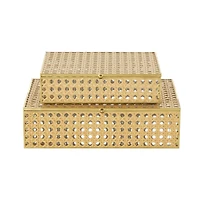 Brown Woven Rattan & Glass Panel Jewelry Box with Chain Accent Set