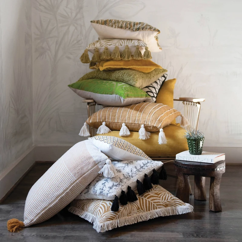 Hello Honey® Mustard & White Applique Stripe Cotton Woven Pillow