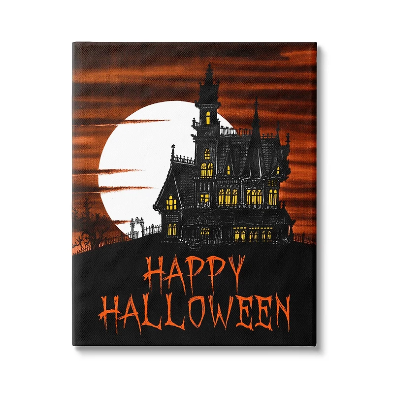 Stupell Industries Happy Halloween Haunted House Canvas Wall Art