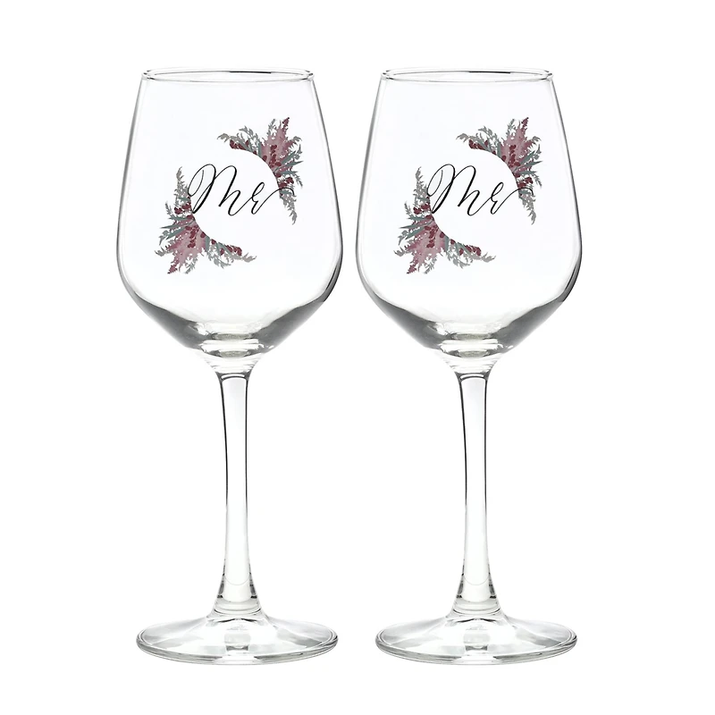 12oz. Mr. & Mr. Dried Floral Wine Glass Set