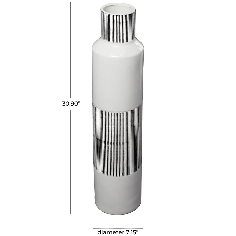 Glossy White Ceramic Vase with Vertical Stripes