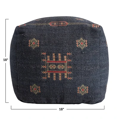 Hello Honey® 18" Navy Global Cotton Tufted Pouf Ottoman with Geometric Embroidery