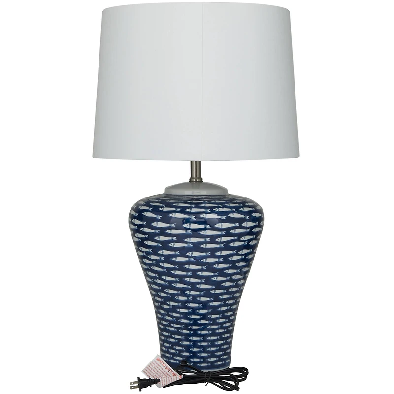 Dark Blue Ceramic Gourd Style Base Fish Table Lamp with Drum Shade 15" x 15" x 29"