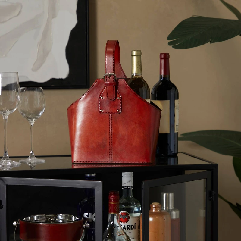 Red Leather Wine Holder with Carrying Handle