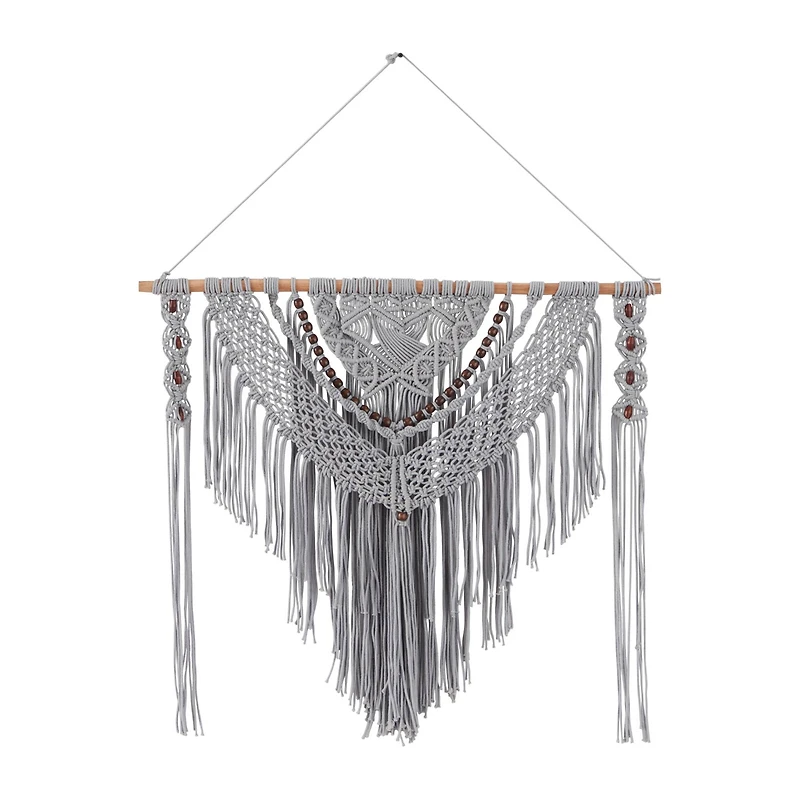 Gray Cotton Handmade Intricately Weaved Macrame Wall Decor with Beaded Fringe Tassels 36" x 1" x 46"