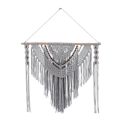 Gray Cotton Handmade Intricately Weaved Macrame Wall Decor with Beaded Fringe Tassels 36" x 1" x 46"