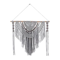 Gray Cotton Handmade Intricately Weaved Macrame Wall Decor with Beaded Fringe Tassels 36" x 1" x 46"