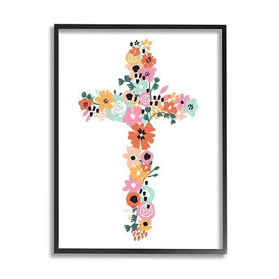 Stupell Industries Bold Flowers Cross Symbol Floral Arrangement Design Framed Giclee Art