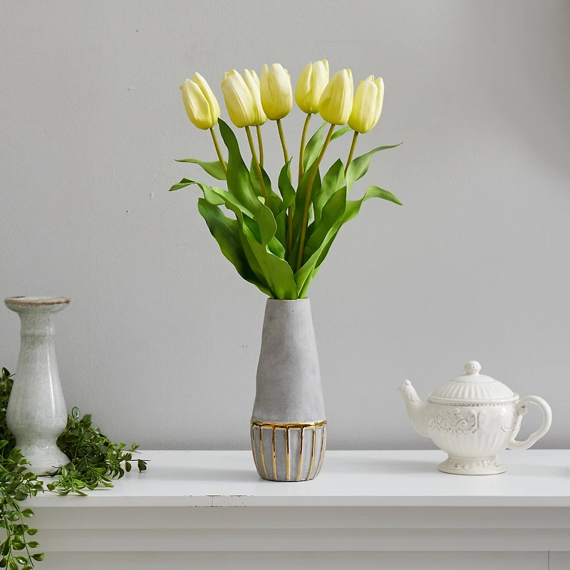 22" Yellow Dutch Tulip Arrangement in Gold Trim Stoneware Vase