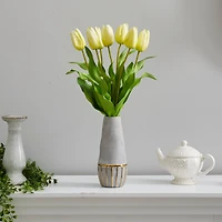 22" Yellow Dutch Tulip Arrangement in Gold Trim Stoneware Vase