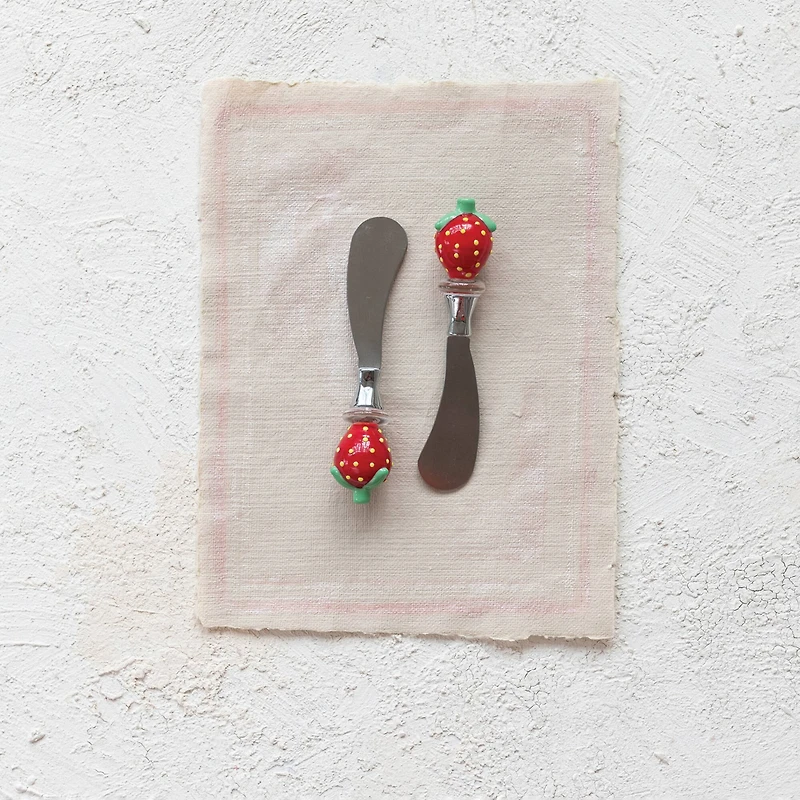 Hello Honey 2-Piece Stainless Steel Canape Knives with Glass Strawberry Shaped Handles, Red and Green