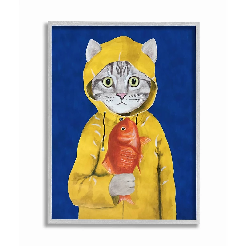 Stupell Industries Fisherman Feline Yellow Coat Cat in Gray Frame Wall Art
