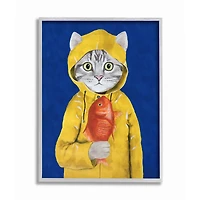 Stupell Industries Fisherman Feline Yellow Coat Cat in Gray Frame Wall Art