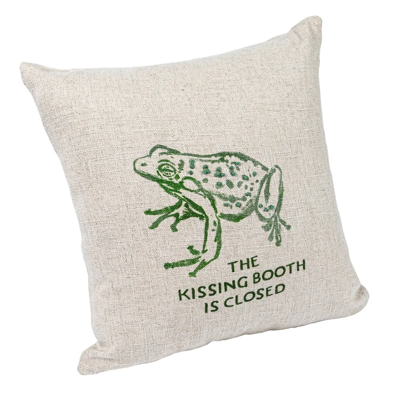 Hello Honey® Natural & Green Frog "The Kissing Booth is Closed" Linen Blend Pillow with French Knots