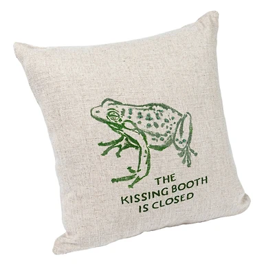 Hello Honey® Natural & Green Frog "The Kissing Booth is Closed" Linen Blend Pillow with French Knots