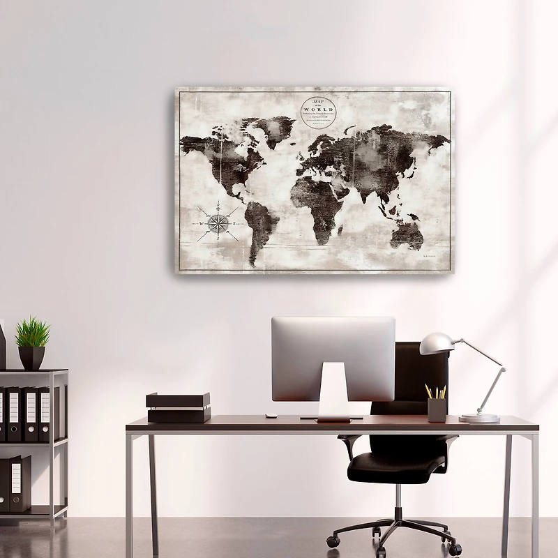 Rustic World Map Black And White Canvas Giclee