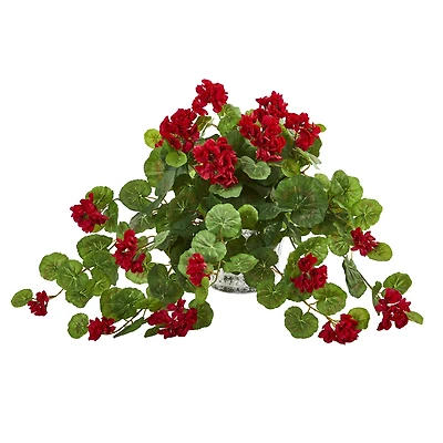 15" Red Geranium Artificial Plant in Vintage Hanging Planter