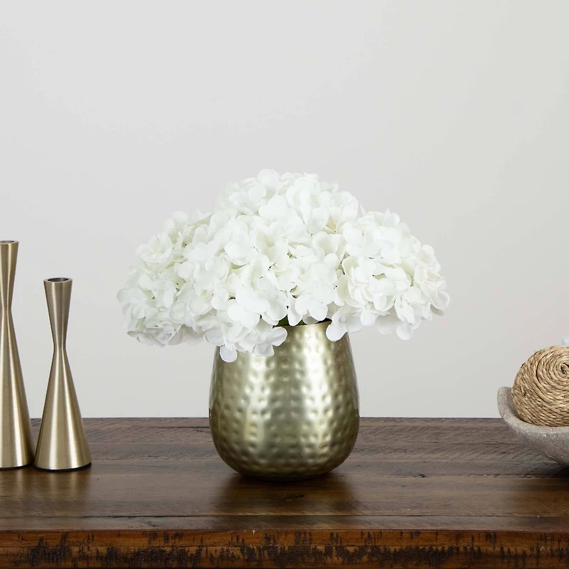 11" White Hydrangea Arrangement in Gold Metal Vase